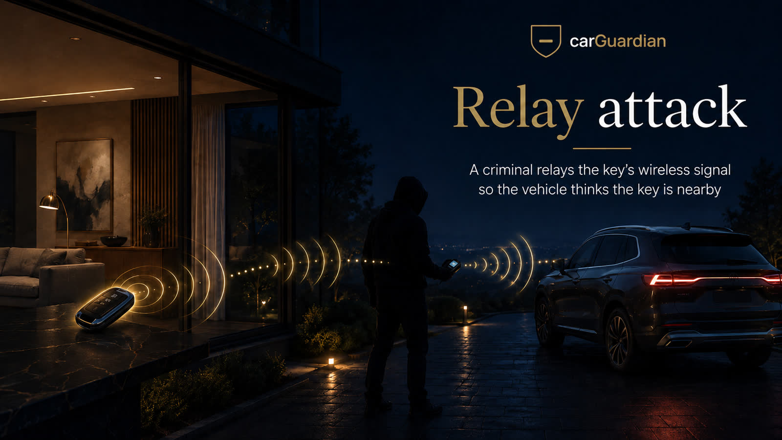 Relay attack — two thieves amplify your factory key signal from your front door to your car so it unlocks and starts in 30 seconds